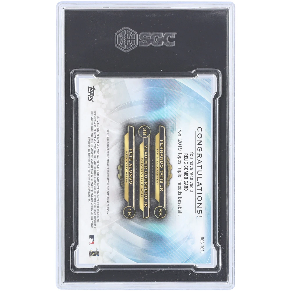 Fernando Tatis Jr., Vladimir Guerrero Jr. et Pete Alonso 2019 Topps Triple Threads Triple Game Used Relic Gold #RCC-TGAL #4/9 SGC Authentifié 10 Rookie Card