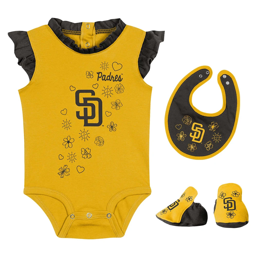 Girls Newborn & Infant Fanatics Gold San Diego Padres Happy Baseball Bodysuit, Bib Bootie Set