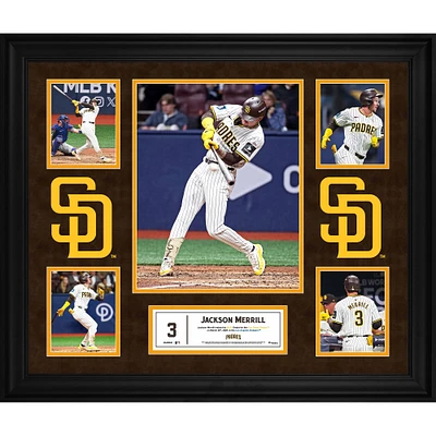 Collage de 5 photos encadrées de Jackson Merrill lors de ses débuts en 2024 avec les Padres de San Diego