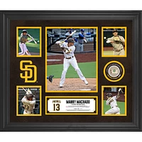 Collage encadré de 5 photos de Manny Machado des Padres de San Diego avec un morceau de baseball utilisé lors du match