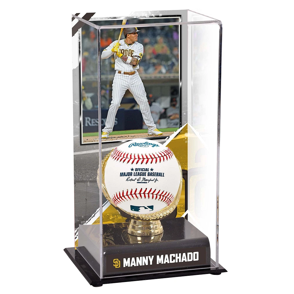 Vitrine de présentation de l'équipe des San Diego Padres avec gants dorés de Manny Machado et image