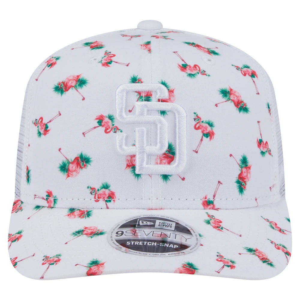Casquette extensible à bouton-pression New Era blanche San Diego Padres Flamingo Mesh Back 9SEVENTY pour homme