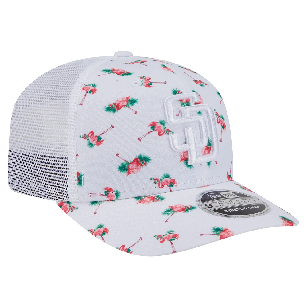 Casquette extensible à bouton-pression New Era blanche San Diego Padres Flamingo Mesh Back 9SEVENTY pour homme