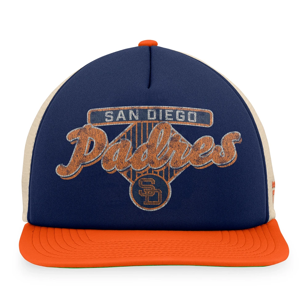 Casquette Snapback de camionneur en mousse Talley de la collection Cooperstown San Diego Padres Fanatics bleu marine/orange pour hommes