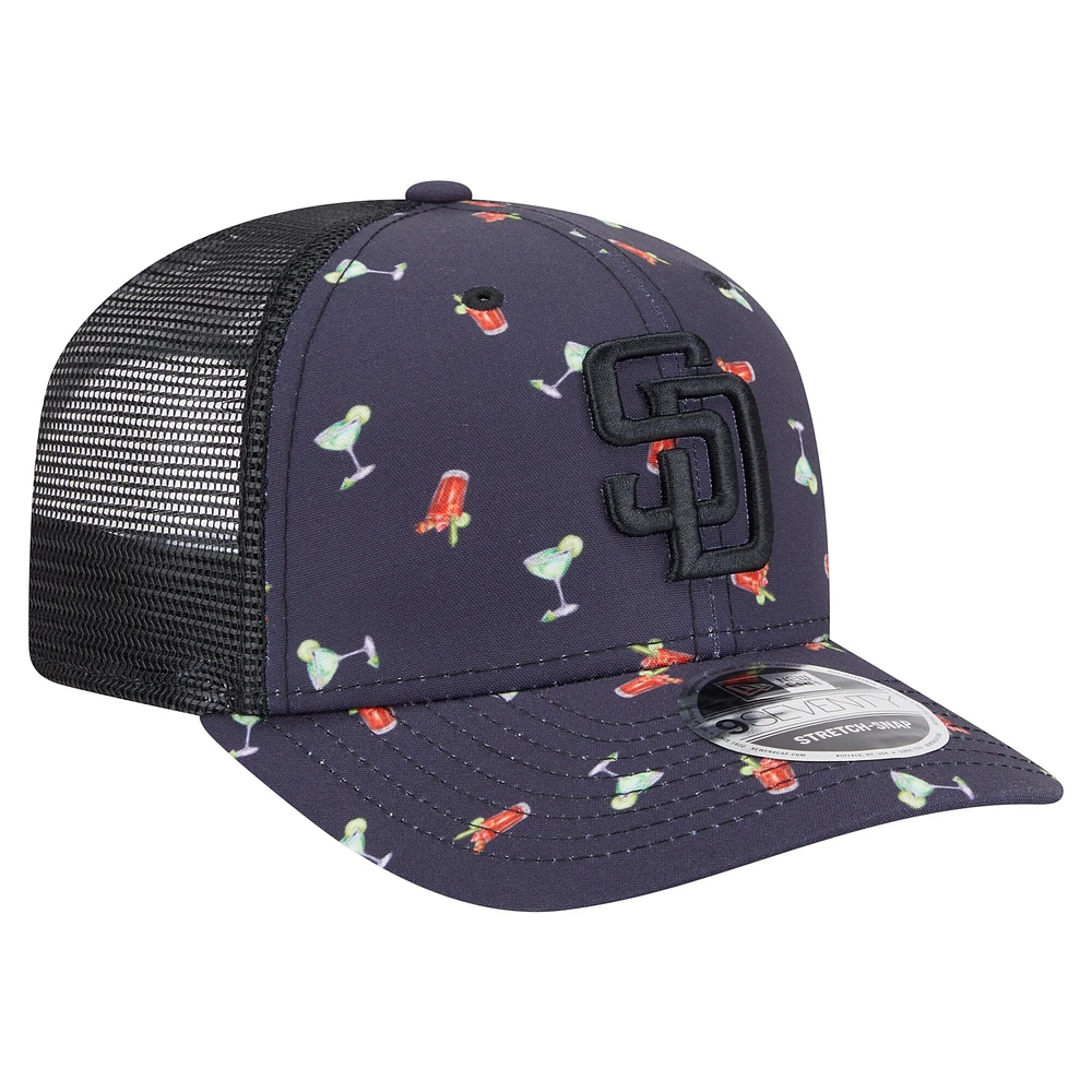 Men's New Era Black San Diego Padres Adventure Drinks Pattern 9SEVENTY Stretch-Snap Hat