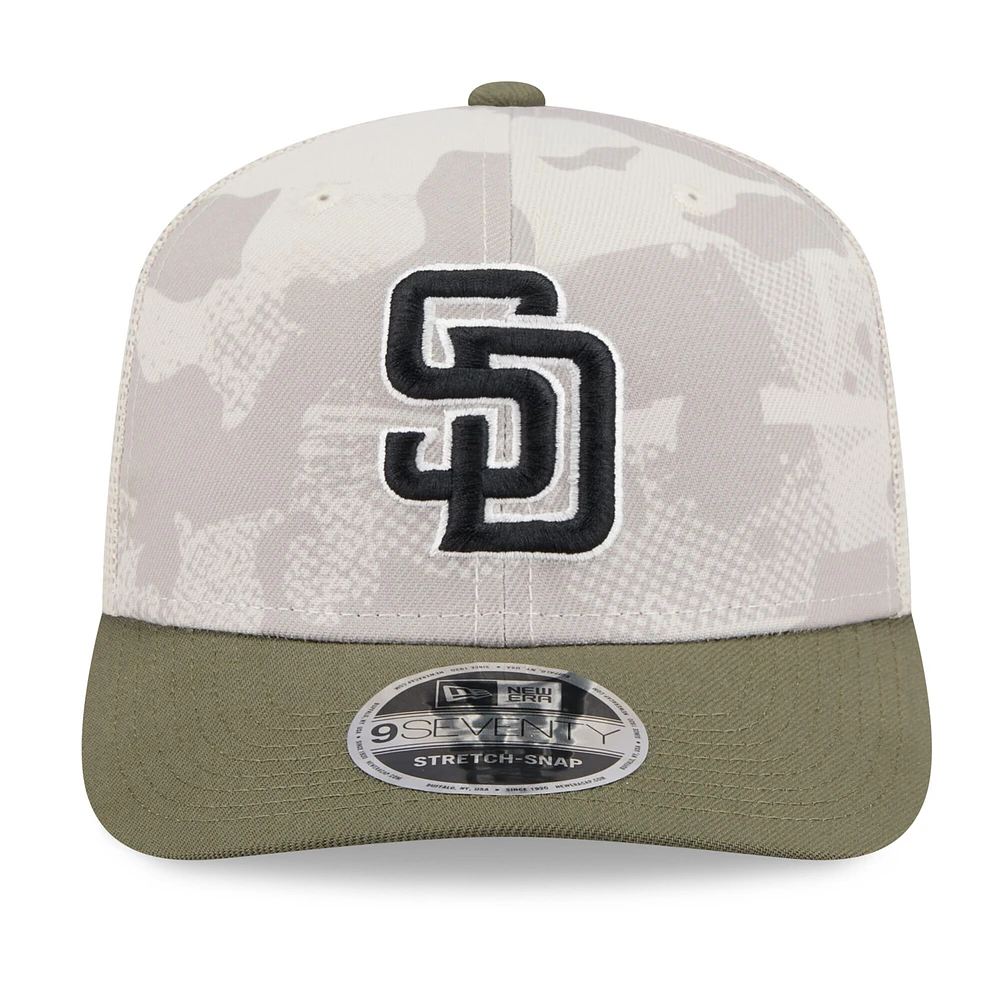 Men's New Era Light Beige/Olive San Diego Padres 2025 Armed Forces Day 9SEVENTY Stretch-Snap Hat