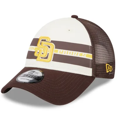 San Diego Padres New Era Team Stripe Trucker 9FORTY Snapback Hat - White/Brown