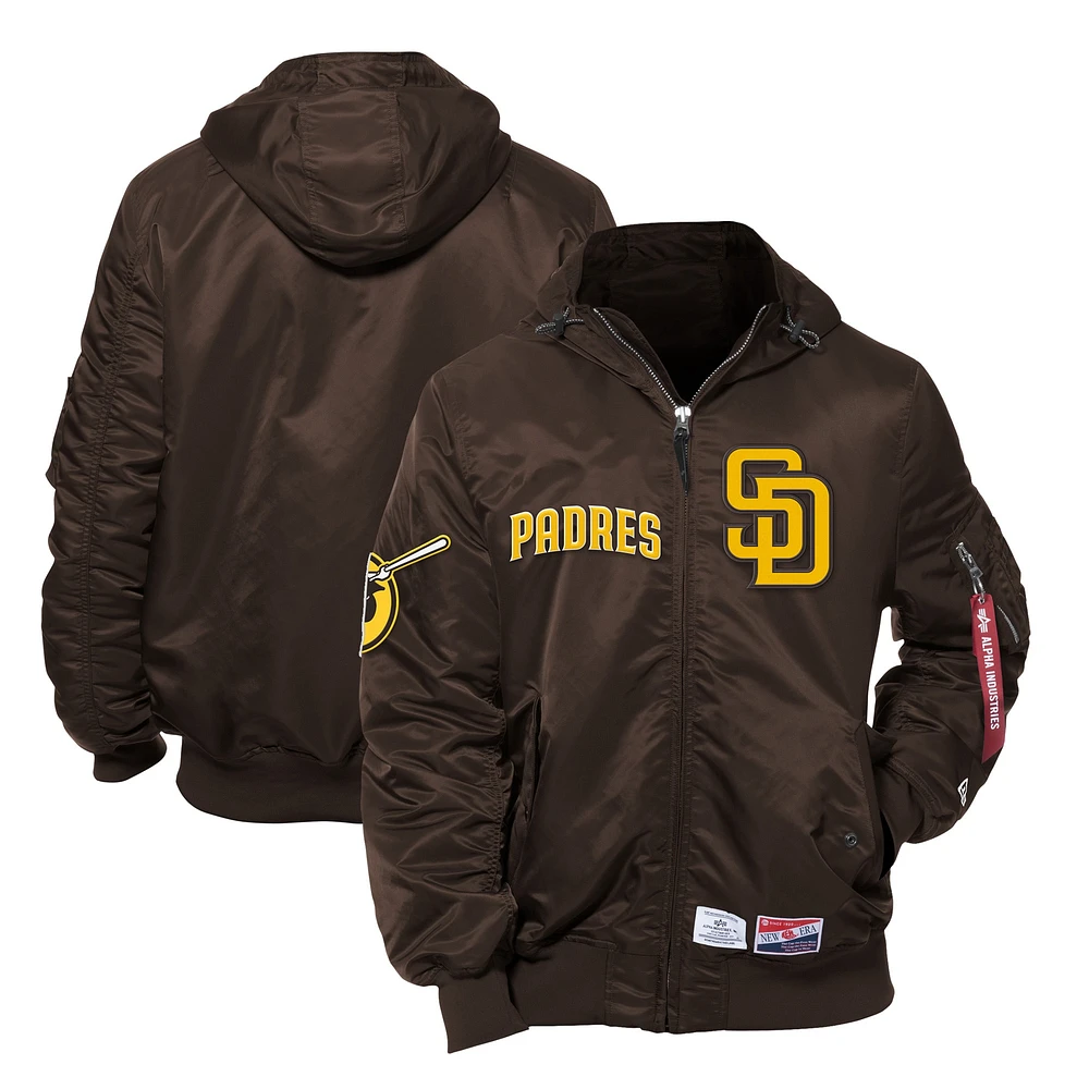 Men's New Era x Alpha Industries Brown San Diego Padres Current Day Full-Zip Hooded Nylon Bomber Jacket