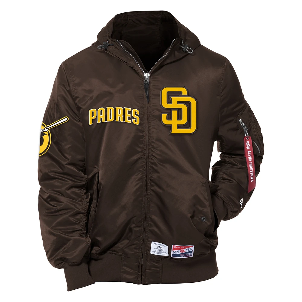 Men's New Era x Alpha Industries Brown San Diego Padres Current Day Full-Zip Hooded Nylon Bomber Jacket