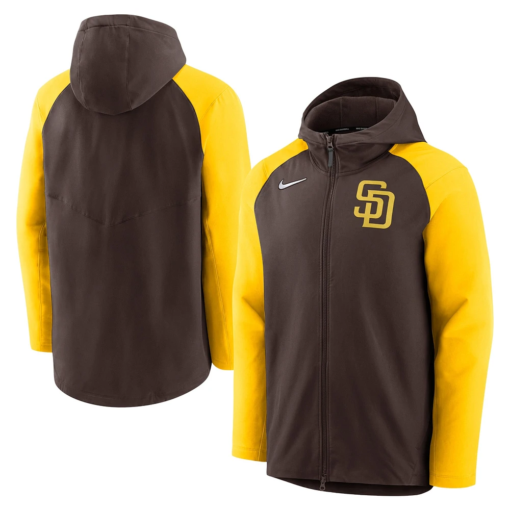 Sweat à capuche entièrement zippé Nike San Diego Padres Authentic Collection Performance Raglan pour homme, marron/or