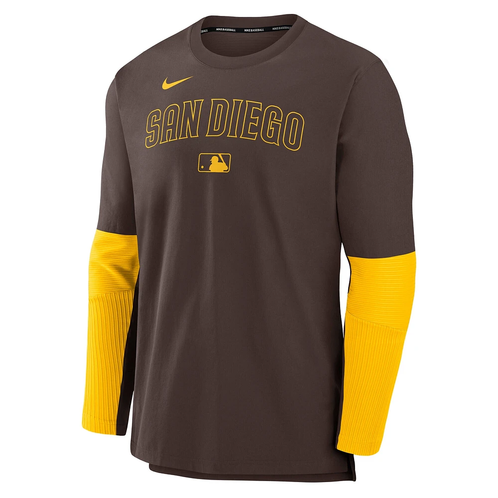 Haut à manches longues Nike Authentic Collection Player pour homme, marron/or, performance et poids léger, San Diego Padres