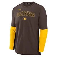 Haut à manches longues Nike Authentic Collection Player pour homme, marron/or, performance et poids léger, San Diego Padres