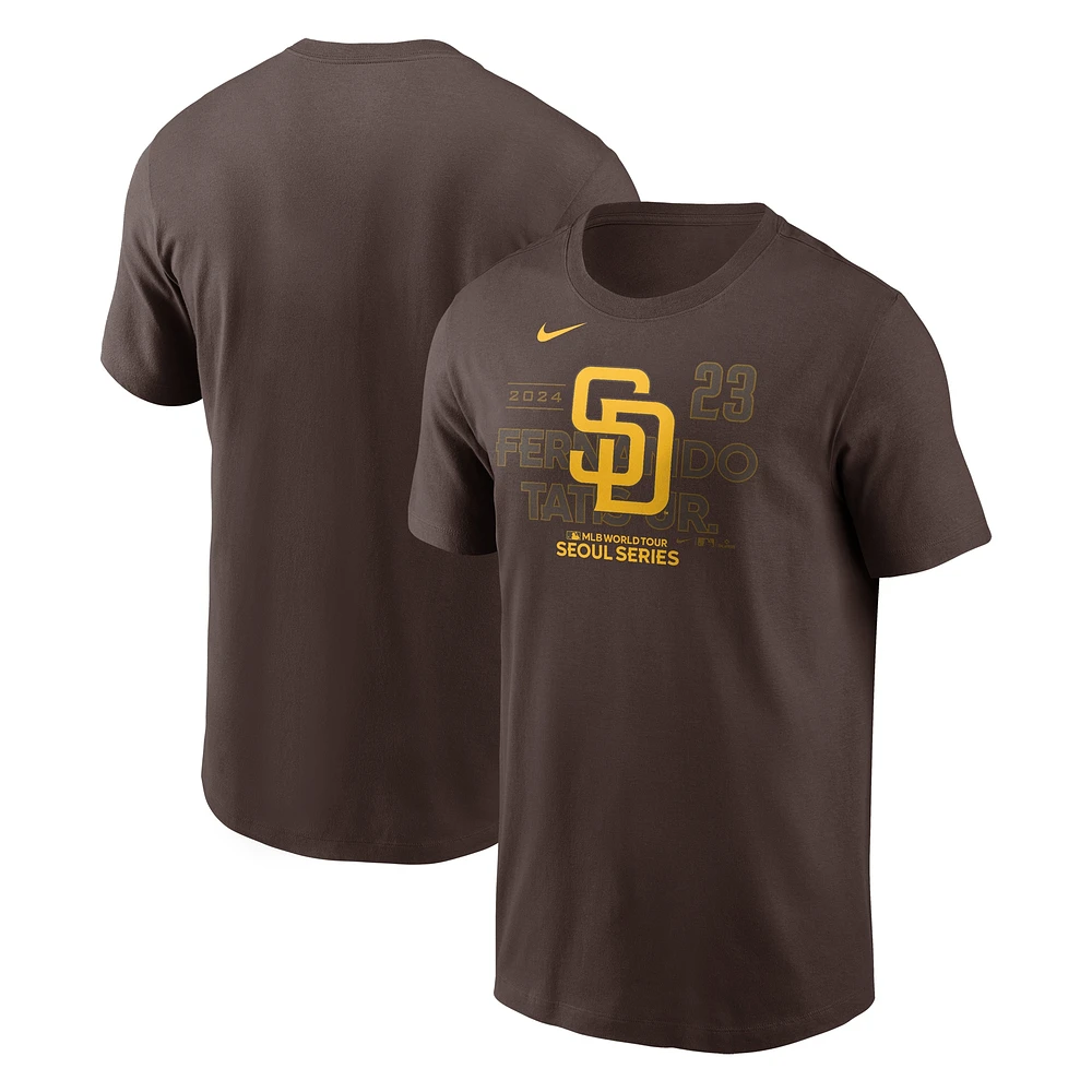 Men's Nike Fernando Tatis Jr. Brown San Diego Padres 2024 MLB World Tour Seoul Series Player Name & Number Event Stack T-Shirt