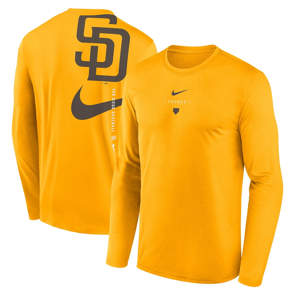 T-shirt Nike Gold San Diego Padres pour hommes avec grand Swoosh au dos Legend Performance