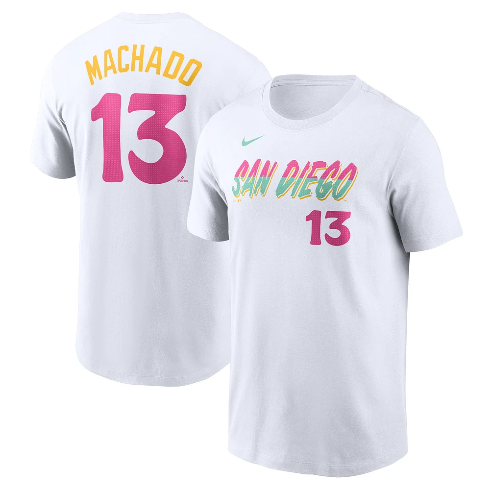 T-shirt avec nom et numéro Nike Manny Machado pour hommes, San Diego Padres City Connect Fuse, blanc