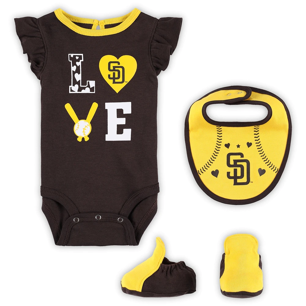 Ensemble trois pièces pour nouveau-né et nourrisson marron/doré San Diego Padres Love of Baseball Bib Body & Booties