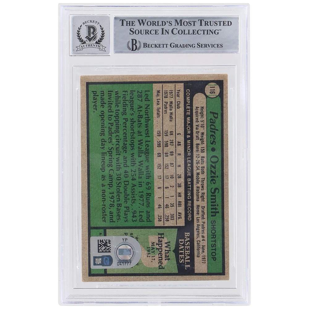 Carte de recrue numéro 116 de Beckett signée Ozzie Smith par les San Diego Padres en 1979 avec l'inscription "HOF 02" et authentifiée par des fanatiques