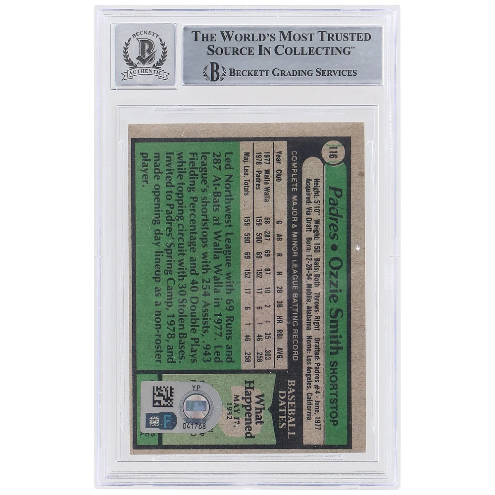 Carte de recrue 10 authentifiée avec inscriptions multiples signée Ozzie Smith des Padres de San Diego Topps #116 Beckett de 1979 - 14837341