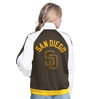 Veste de survêtement à fermeture éclair intégrale G-III Sports by Carl Banks pour femme, blanche/marron, motif raglan Rally Rhinestone des Padres San Diego