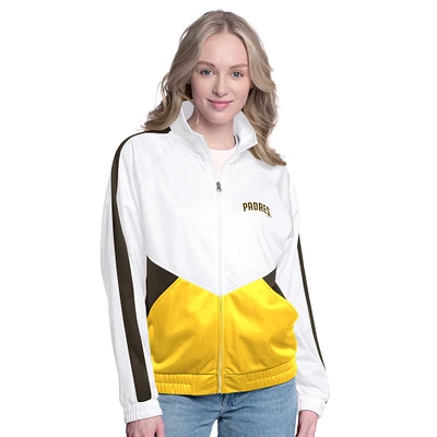 Veste de survêtement à fermeture éclair intégrale G-III Sports by Carl Banks pour femme, blanche/marron, motif raglan Rally Rhinestone des Padres San Diego