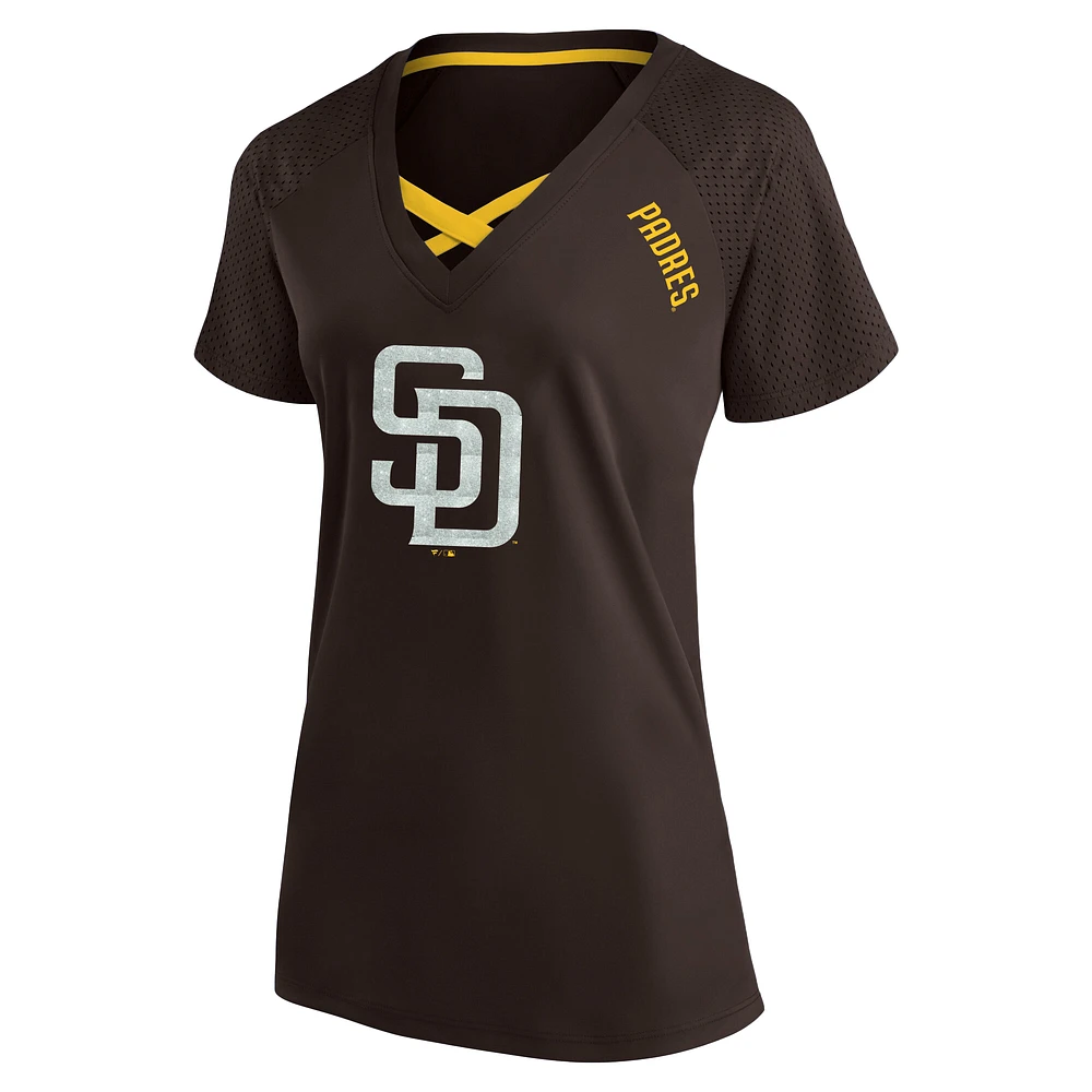 T-shirt à col en V raglan pailleté grande taille pour femme, marron, des Padres de San Diego