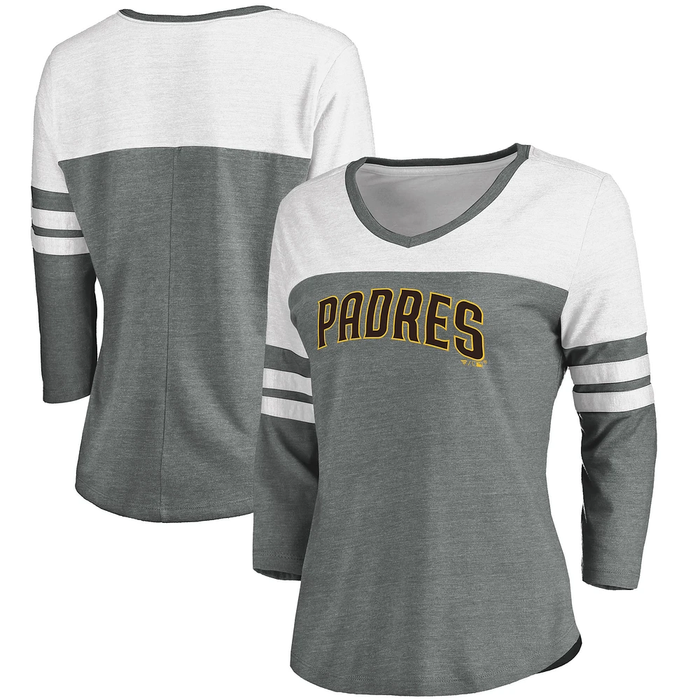 Women's Fanatics Heathered Gray/White San Diego Padres Official Wordmark 3/4 Sleeve V-Neck T-Shirt