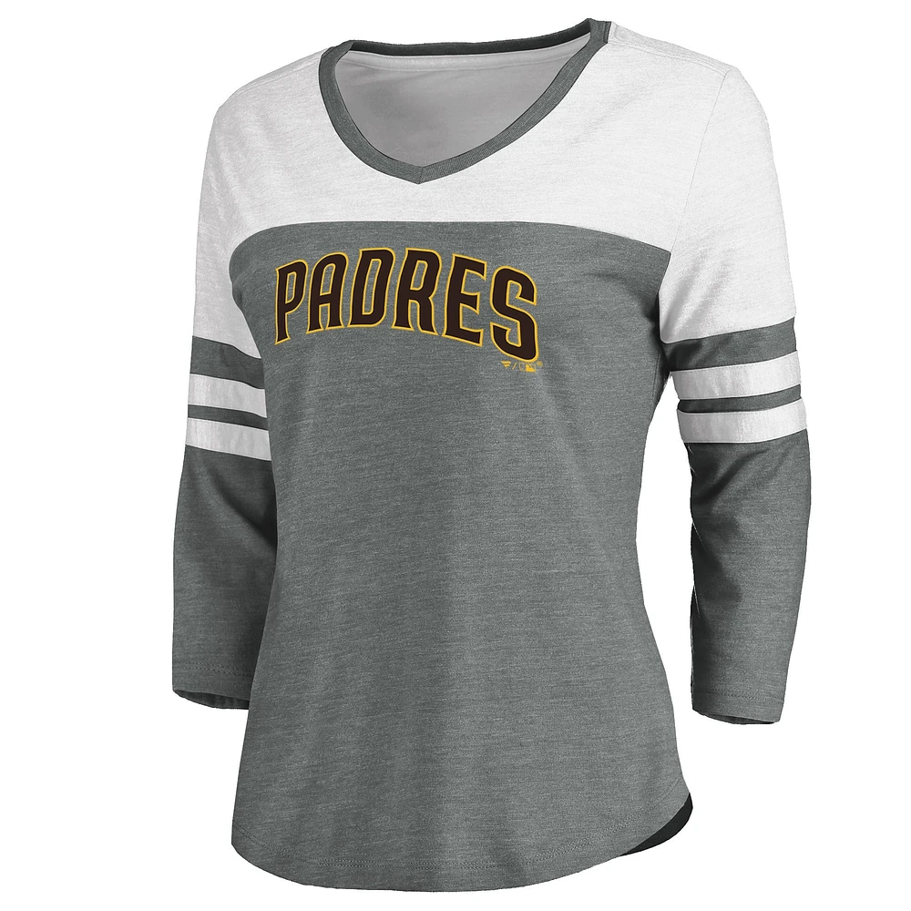 Women's Fanatics Heathered Gray/White San Diego Padres Official Wordmark 3/4 Sleeve V-Neck T-Shirt