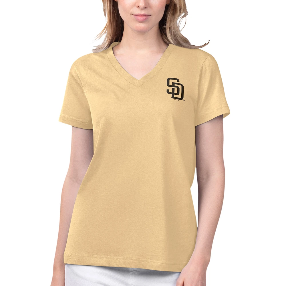 T-shirt à col en V pour femmes Margaritaville Gold San Diego Padres Game Time