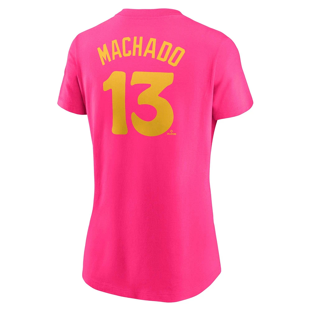 T-shirt Nike Manny Machado pour femme, rose, San Diego Padres 2024 City Connect Fuse, nom et numéro du joueur