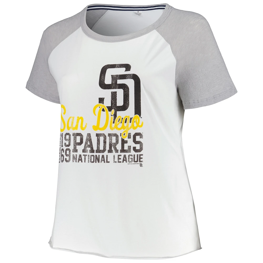 T-shirt de baseball raglan grande taille pour femmes, doux comme un raisin, San Diego Padres, blanc