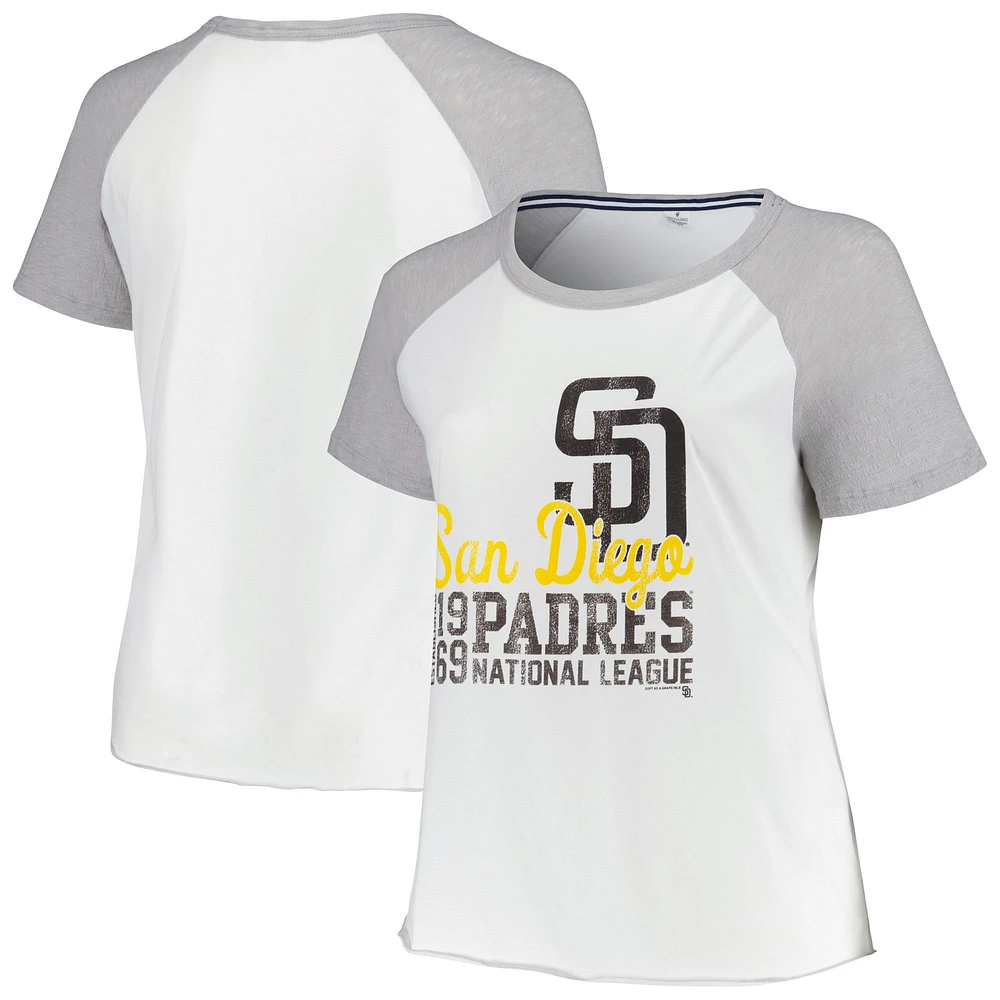 T-shirt de baseball raglan grande taille pour femmes, doux comme un raisin, San Diego Padres, blanc