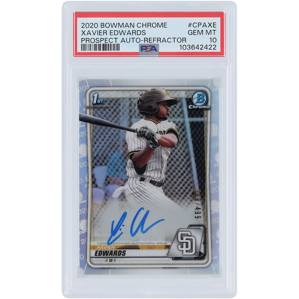 Xavier Edwards San Diego Padres Autographed 2020 Bowman Chrome 1st Bowman Refractor #CPA-XE #388/499 PSA Authenticated 10 Card