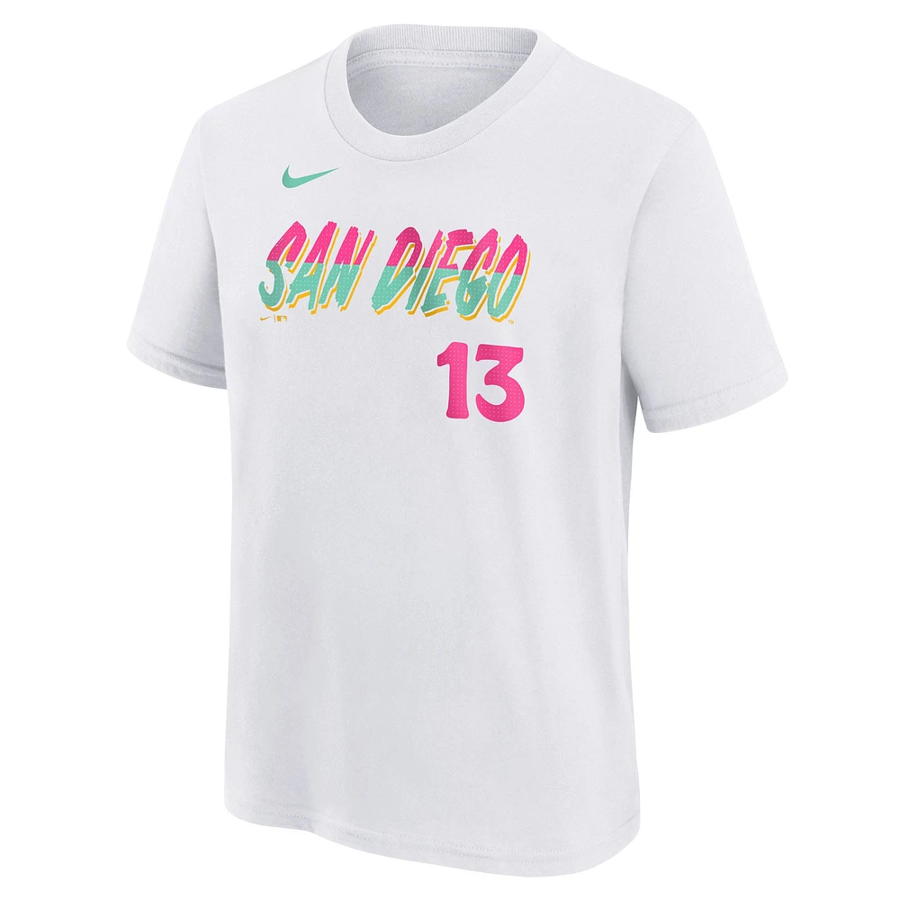 T-shirt Nike Manny Machado pour jeune, blanc, avec nom et numéro Fuse City Connect des Padres de San Diego