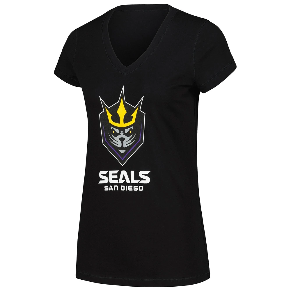 T-shirt noir à col en V et logo principal des San Diego Seals pour femme