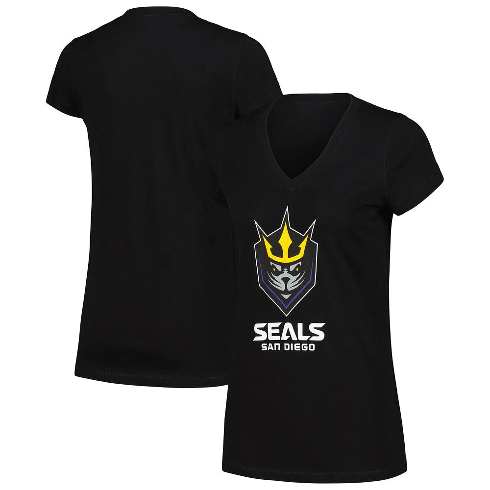 T-shirt noir à col en V et logo principal des San Diego Seals pour femme