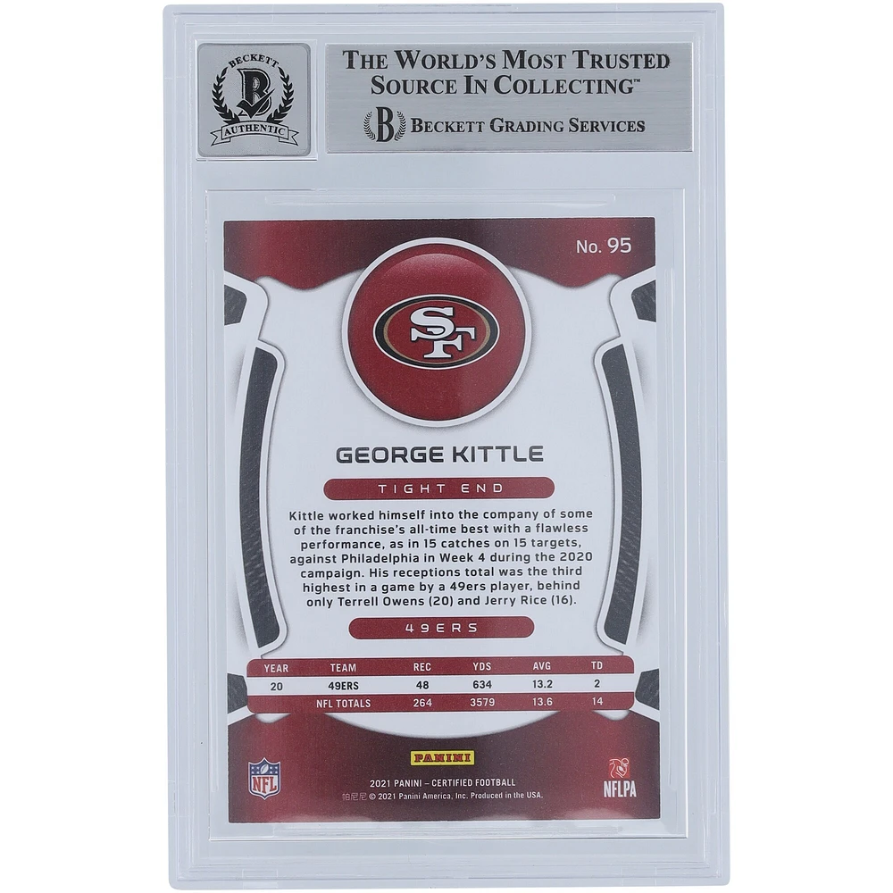 Carte Panini certifiée miroir bleu autographiée 2021 de George Kittle San Francisco 49ers #95 #/75 Beckett Fanatics Witnessed Authenticated 9/10