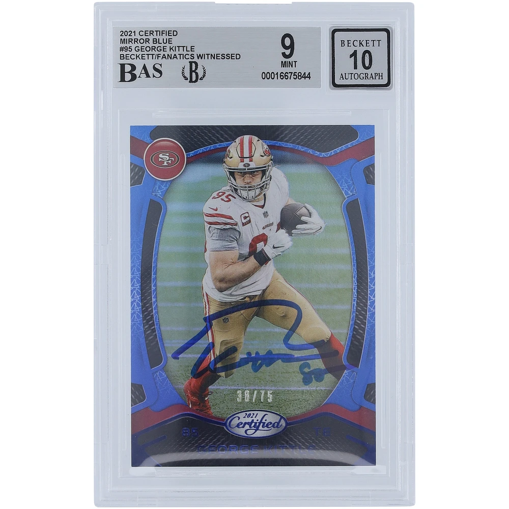 Carte Panini certifiée miroir bleu autographiée 2021 de George Kittle San Francisco 49ers #95 #/75 Beckett Fanatics Witnessed Authenticated 9/10