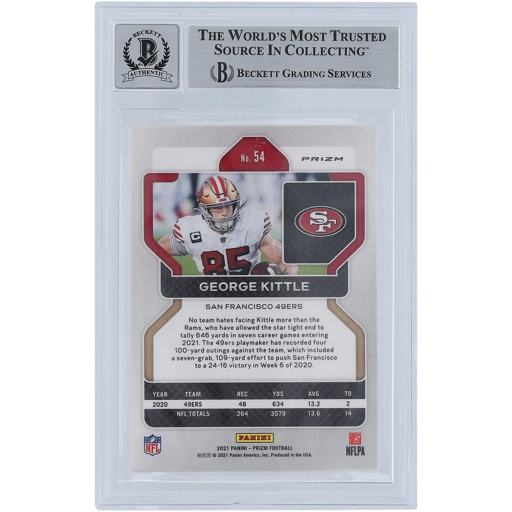 Carte Panini Prizm verte 2021 autographiée par George Kittle des 49ers de San Francisco Prizm #54 Beckett Fanatics Witnessed Authenticated 9/10