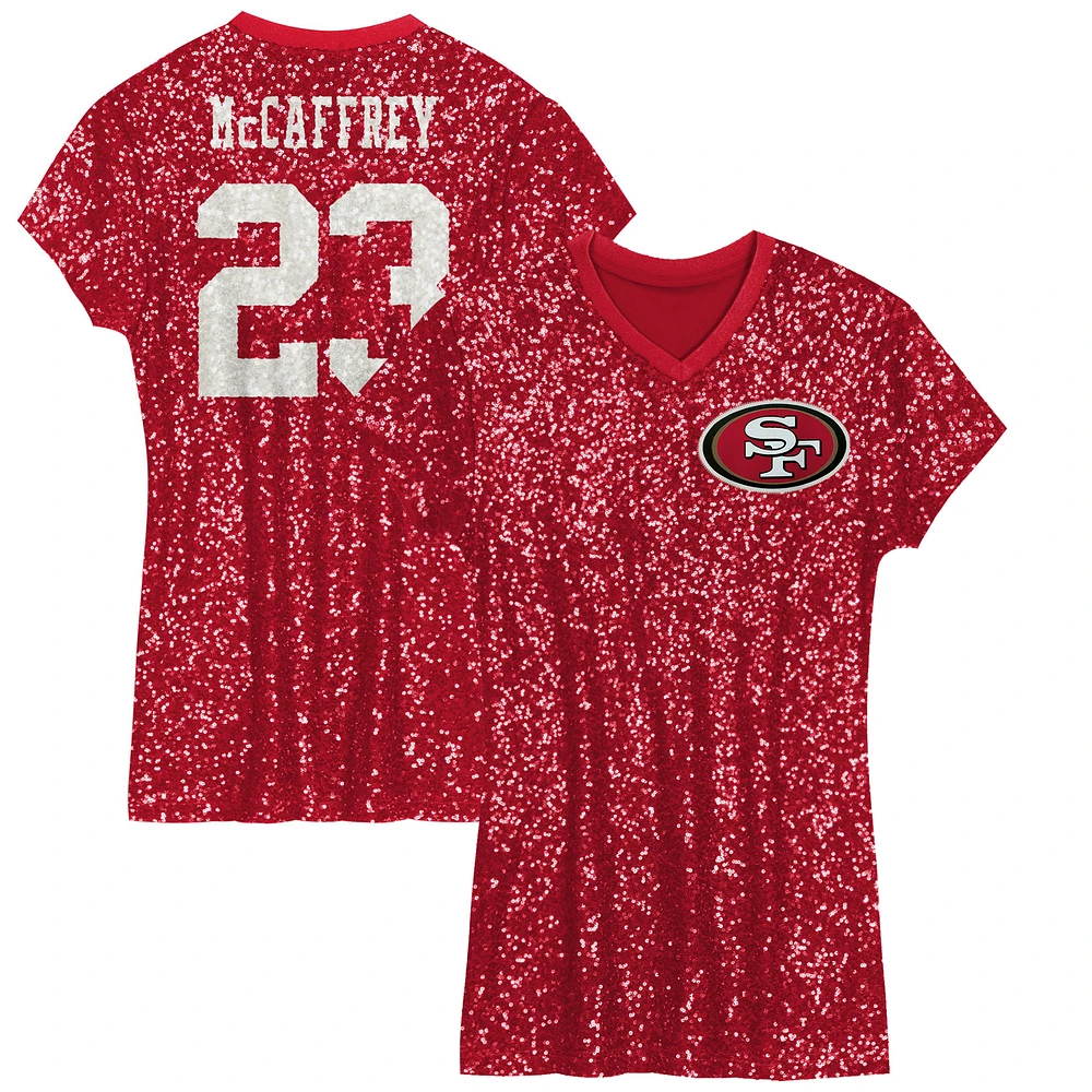 Robe à col en V sequins avec nom et numéro de joueur des 49ers San Francisco pour jeunes filles Christian McCaffrey Scarlet