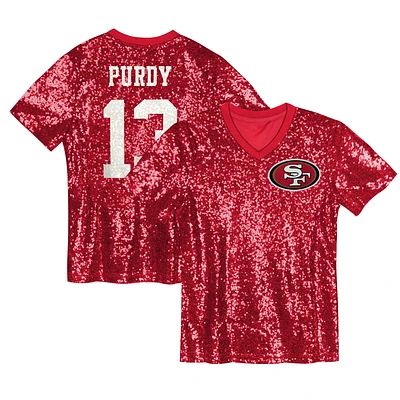 Maillot à col en V sequins pour jeunes filles Brock Purdy Scarlet San Francisco 49ers