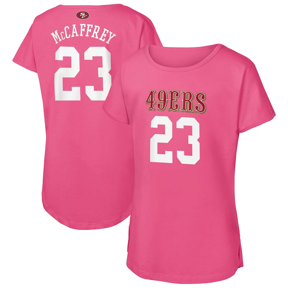 T-shirt rose pour jeunes filles Christian McCaffrey avec nom et numéro de joueur des 49ers San Francisco