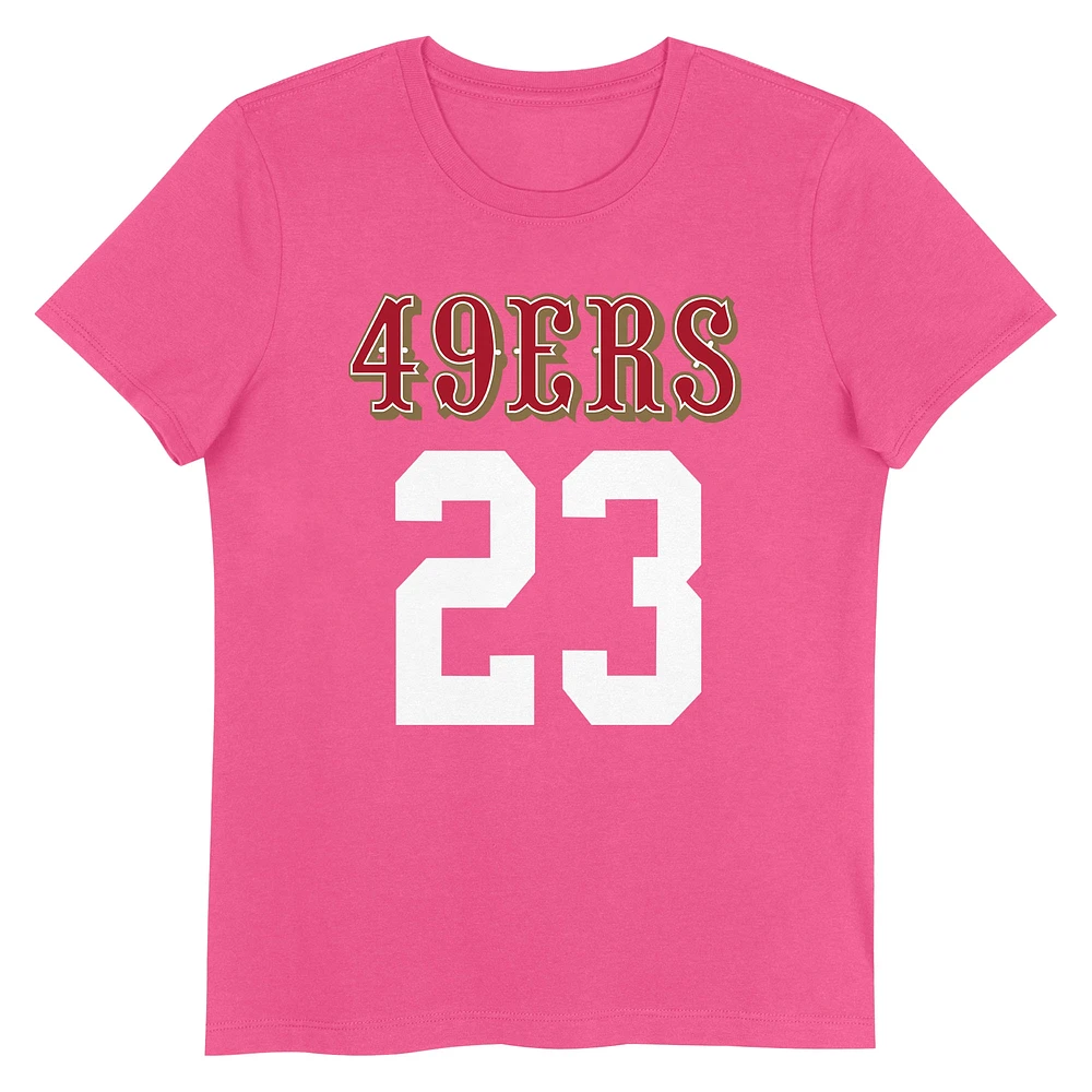 T-shirt rose pour jeunes filles Christian McCaffrey avec nom et numéro de joueur des 49ers San Francisco