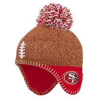 Bonnet tricoté marron pour bébé avec pompon et motif tête de football des 49ers de San Francisco