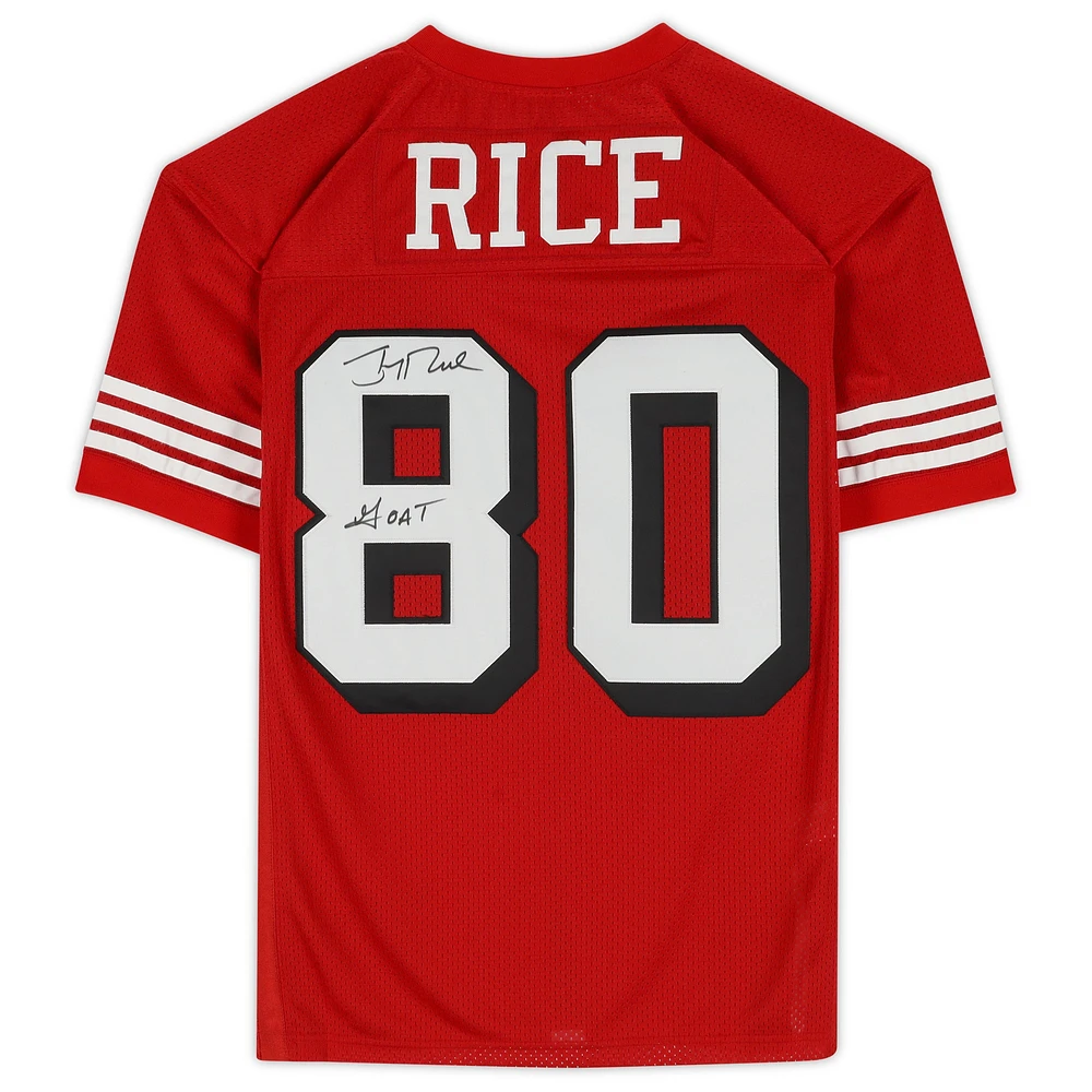 Jerry Rice San Francisco 49ers Autographed Red Mitchell & Ness Authentic Jersey with "GOAT" Inscription