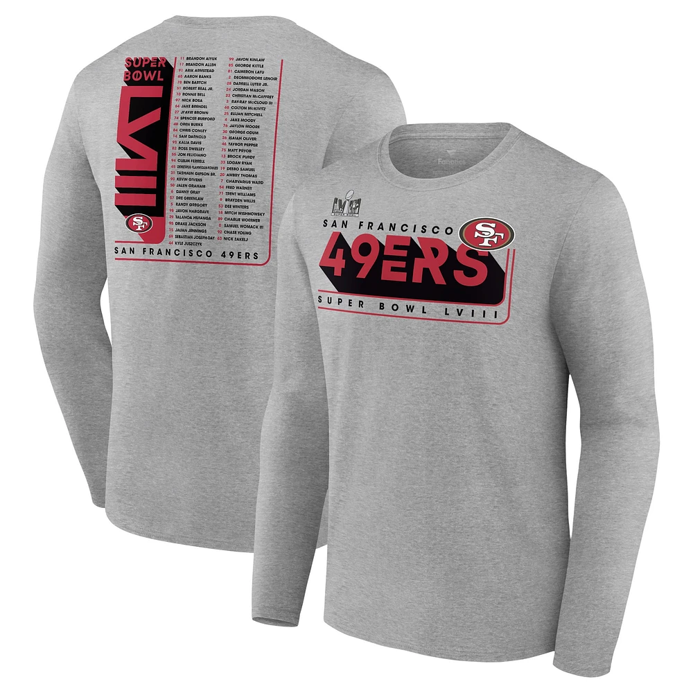 Men's Heather Charcoal San Francisco 49ers Super Bowl LVIII Roster Long Sleeve T-Shirt