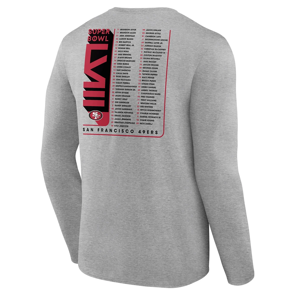 Men's Heather Gray San Francisco 49ers Super Bowl LVIII Two-Side Roster Big & Tall Long Sleeve T-Shirt