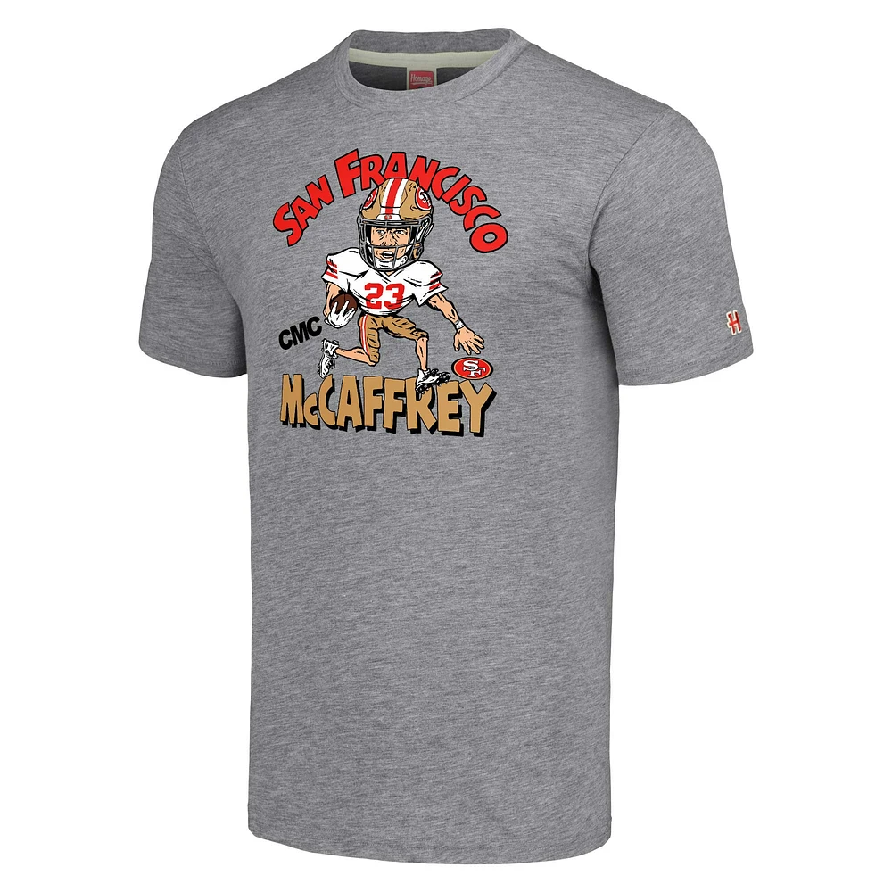 Men's Homage Christian McCaffrey Heathered Gray San Francisco 49ers Caricature Player Tri-Blend T-Shirt