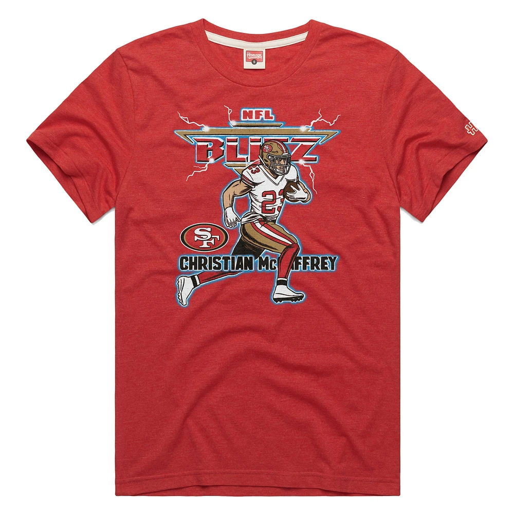 Men's Homage Christian McCaffrey Heathered Scarlet San Francisco 49ers NFL Blitz Player Tri-Blend T-Shirt