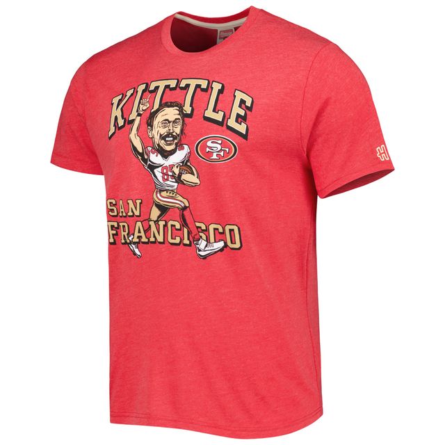 T-shirt à trois mélanges pour hommes, hommage George Kittle Heathered Scarlet, San Francisco 49ers, joueur de caricature