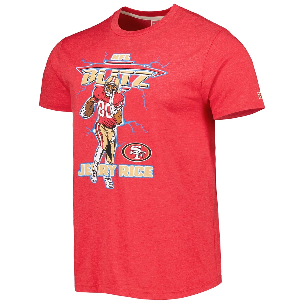 T-shirt triple mélange Hommage Jerry Rice Heathered Scarlet pour hommes San Francisco 49ers NFL Blitz Joueur retraité